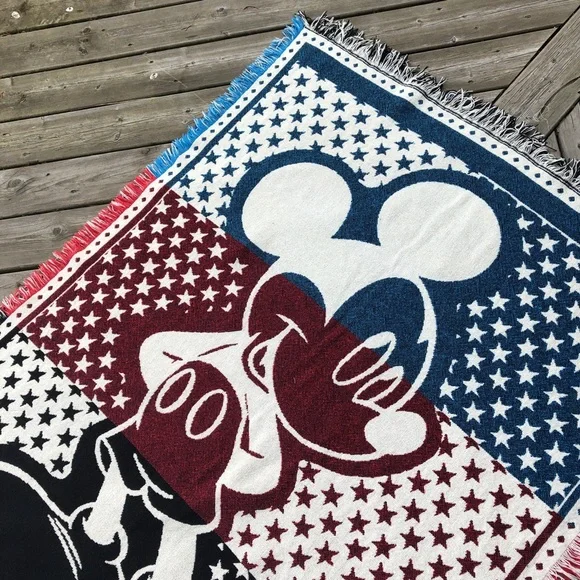 Mickey Mouse Reversible Blanket Woven Fringe Throw Disney Stars Stripes - Picture 6 of 10